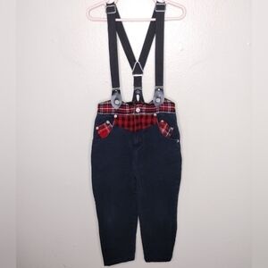 Vintage 80s Gitano Girls Kids Size 5 Jeans Suspenders Black Cotton Red Plaid
